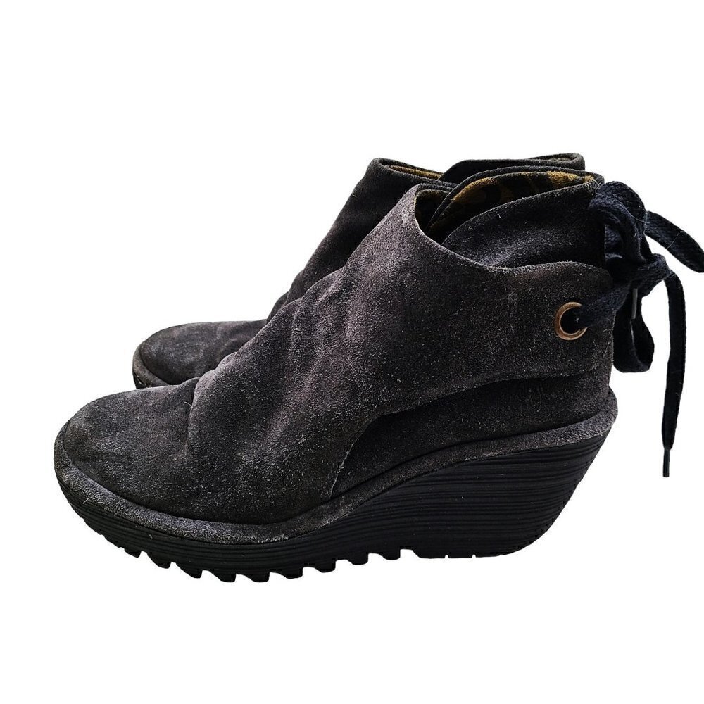 Fly London Wedge Booties Yama Slouch Tie Back Ankle Boots Grey Suede EU Size 38